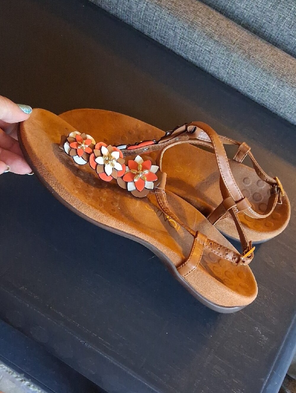 Vionic Brown Paulie T-Strap Sandals with Coral and White Floral Accents - Picture 9 of 14